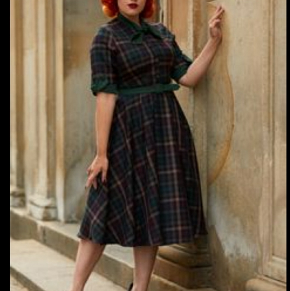 Miss Candyfloss plaid dress green, tan, burgundy and black. Size L